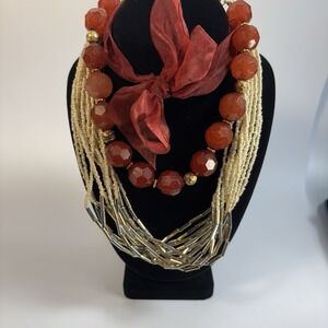 Necklace Lot Beaded Gold Tone Red Chunky Beads On Ribbon